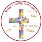 Preview: Tortenaufleger zur Kommunion "buntes Kreuz" mit Text in Rot