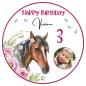 Preview: Tortenaufleger zum Geburtstag "Pferd & Rosen" in Rosa mit Foto und einem Wunschtext