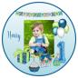 Preview: Tortenaufleger zum Geburtstag "Luftballon & Wimpelkette" personalisiert mit Text und einem Foto in Blau