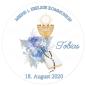 Preview: Tortenaufleger zur Kommunion "Kelch Kreuz Rosen" mit einem Wunschtext in Blau