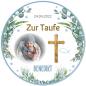 Mobile Preview: Tortenaufleger zur Taufe "Kreuz & blaue Blumen" mit Foto & einem Wunschtext