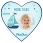 Mobile Preview: Tortenaufleger zur Taufe "Schiff & Sterne" Herzform in Blau mit einem Wunschtext