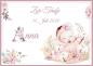 Preview: Tortenaufleger zur Taufe "Baby & Blüten" personalisiert mit Text eckig Buchform in Rosa