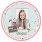 Preview: Tortenaufleger zur Einschulung "Schultafel & Blumen" mit Foto & einem Wunschtext in Rosa