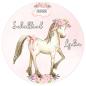 Preview: Tortenaufleger zur Einschulung "Pferd & Blumen" mit einem Wunschtext in Rosa
