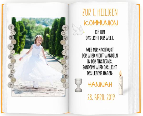 Tortenaufleger zur Kommunion "Kelch Kerze Taube" personalisiert mit Text und Foto eckig Buchform