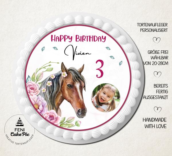 Tortenaufleger zum Geburtstag "Pferd & Rosen" in Rosa mit Foto und einem Wunschtext