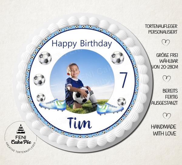 Tortenaufleger zum Geburtstag "Fußball" mit einem Foto und einem Wunschtext