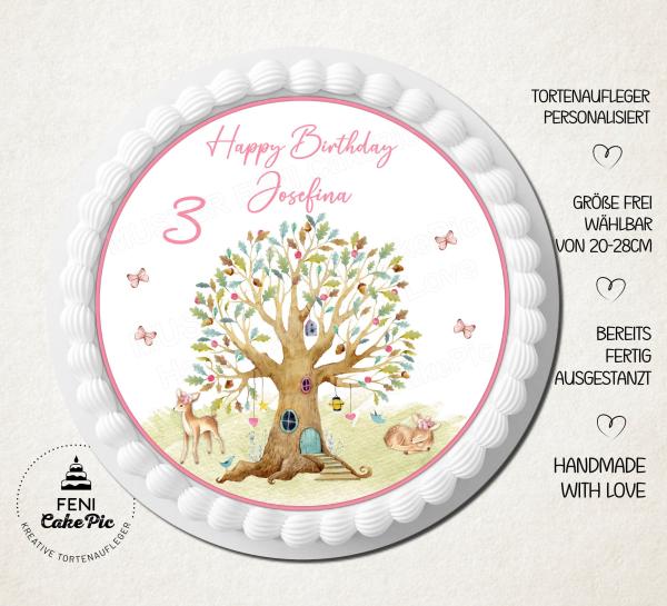 Tortenaufleger zum Geburtstag "Lebensbaum & Reh" mit einem Wunschtext