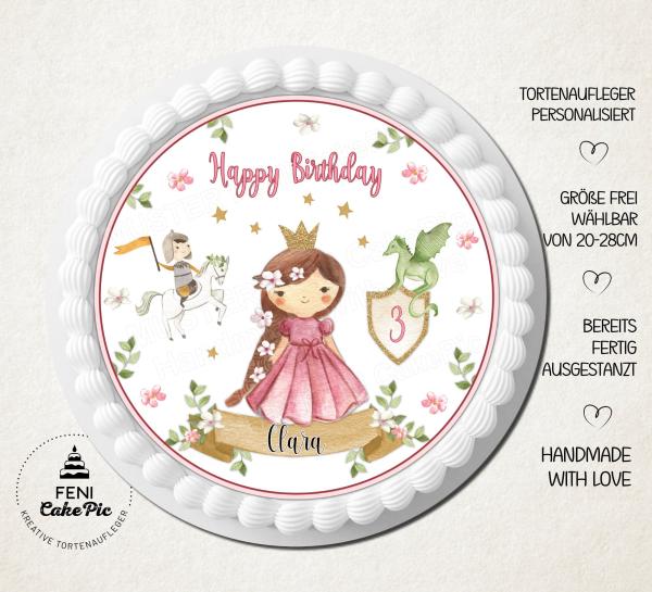 Tortenaufleger zum Geburtstag "Prinzessin Ritter Drache" mit einem Wunschtext