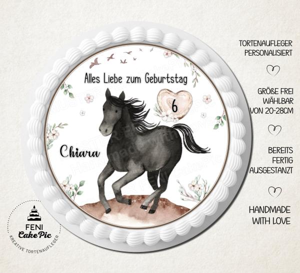 Tortenaufleger zum Geburtstag "Pferd & Blumen" einem Wunschtext