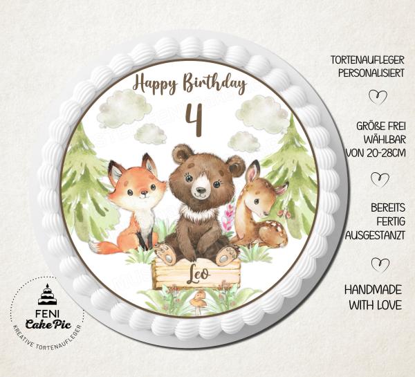 Tortenaufleger zum Geburtstag "Waldtiere, Bär, Fuchs & Reh" inkl. einem persönlichen Wunschtext