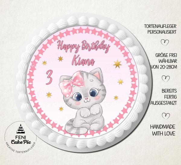 Tortenaufleger zum Geburtstag "Katze" in Rosa mit einem Wunschtext