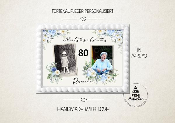 Tortenaufleger zum Geburtstag "blaue Rosen" personalisiert mit Text und 2 Fotos eckig Buchform