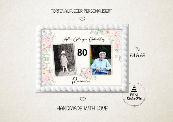 Tortenaufleger zum Geburtstag "rosa Rosen" personalisiert mit Text und 2 Fotos eckig Buchform
