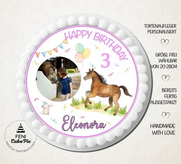 Tortenaufleger zum Geburtstag "Pferd" personalisiert mit einem Foto und Text