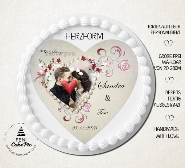 Tortenaufleger zur Hochzeit "Perlen & Herzform" mit Foto & einem Wunschtext