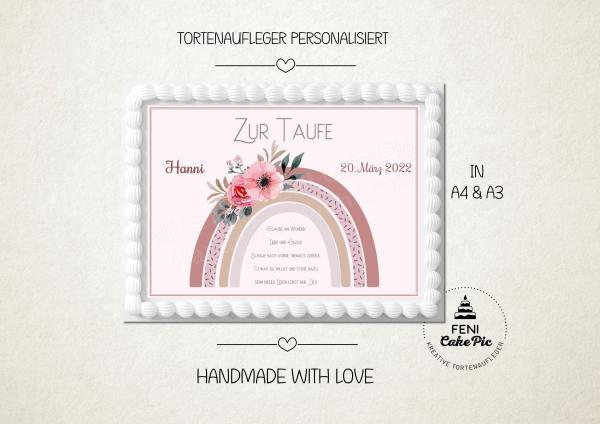 Tortenaufleger zur Taufe "Regenbogen & Blüten" Boho Style personalisiert mit Text eckig Buchform in Rosa