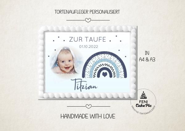 Tortenaufleger zur Taufe "Regenbogen" personalisiert mit Foto & Text eckig Buchform in Blau