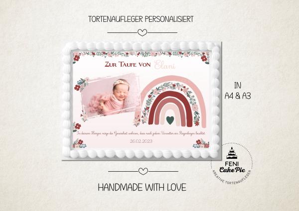 Tortenaufleger zur Taufe "Regenbogen & Blüten" personalisiert mit Text eckig Buchform in Rosa