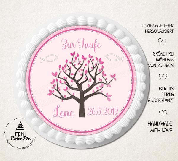 Tortenaufleger zur Taufe "Lebensbaum" in Rosa mit einem Wunschtext