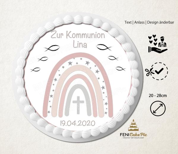 Tortenaufleger zur Kommunion "Regenbogen, Fische & Kreuz" personalisiert mit Text in Grau Rosa