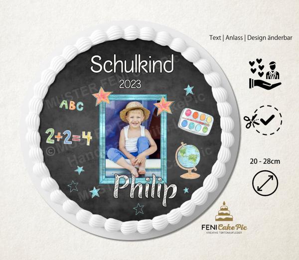 Tortenaufleger zum Schulanfang "Malkasten Globus Bilderrrahmen" personalisiert mit Text und Foto