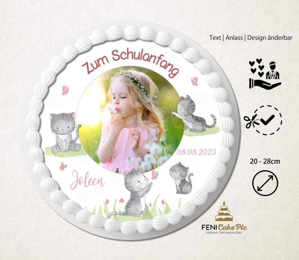 Tortenaufleger zur Einschulung "Katze & Schmetterlinge" mit Foto & einem Wunschtext in Rosa