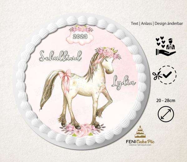 Tortenaufleger zur Einschulung "Pferd & Blumen" mit einem Wunschtext in Rosa