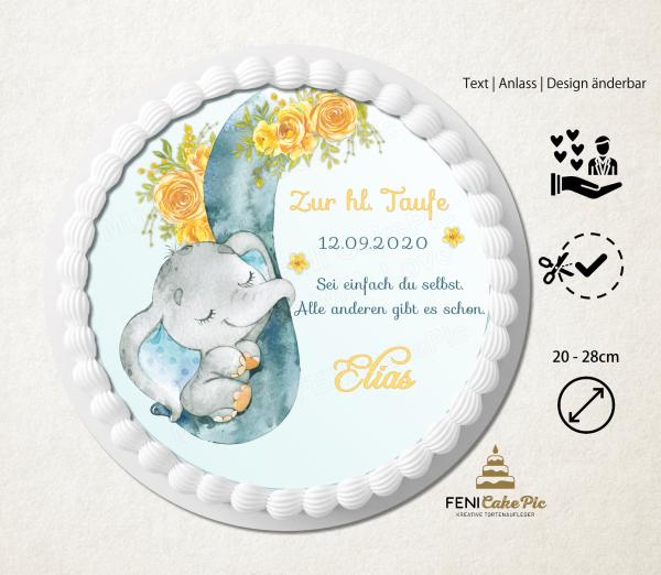 Tortenaufleger zur Taufe "Elefant & gelbe Rosen" in der Farbe Blau und Wunschtext