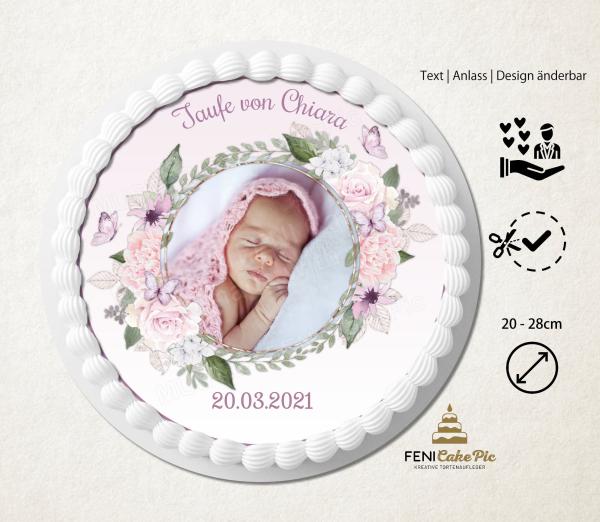 Tortenaufleger zur Taufe "Blüten & Schmetterlinge" in Rosa mit einem Foto und einem Wunschtext
