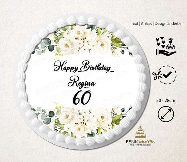 Tortenaufleger zum Geburtstag "weiße Blumen" einem Wunschtext
