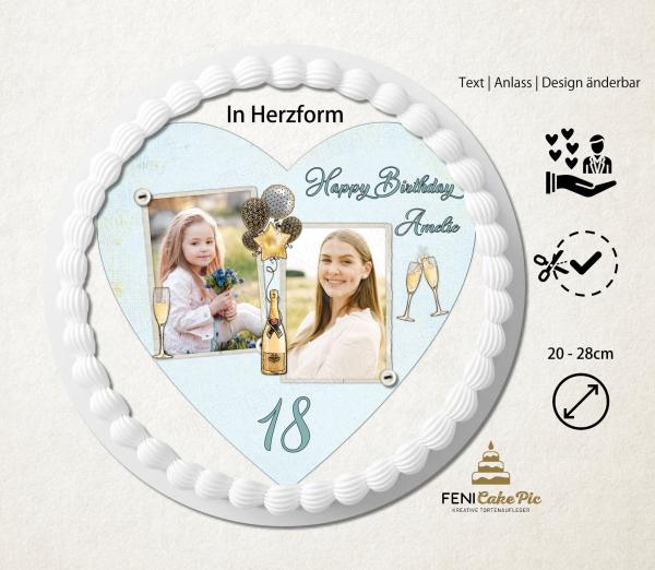 Tortenaufleger zum Geburtstag "Sektgläser & Sektflasche" in Herzform mit Foto und einem Wunschtext