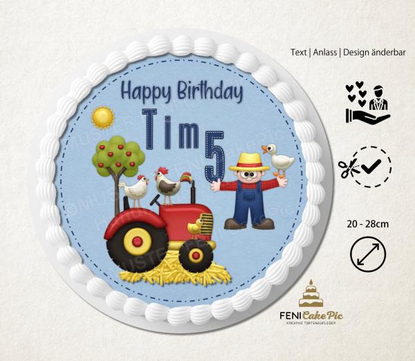 Tortenaufleger zum Geburtstag "Traktor & Bauer" und einem Wunschtext