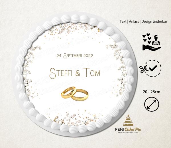 Tortenaufleger zur Hochzeit "Schleierkraut goldene Ringe" mit einem Wunschtext