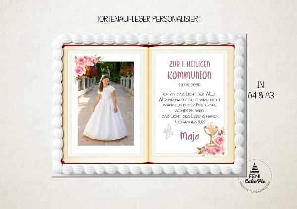 Tortenaufleger zur Kommunion "Blumen & Blüten" personalisiert mit Text und Foto in Rosa eckig Buchform