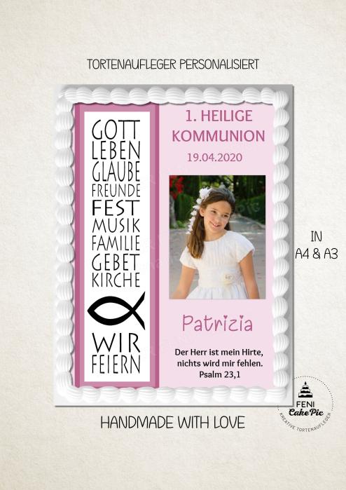 Tortenaufleger zur Kommunion "Fisch & Spruch" personalisiert mit Foto und Text in Rosa eckig Buchform