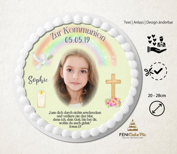 Tortenaufleger zur Kommunion "Kelch Kreuz Taube Regenbogen" personalisiert mit Text und Foto