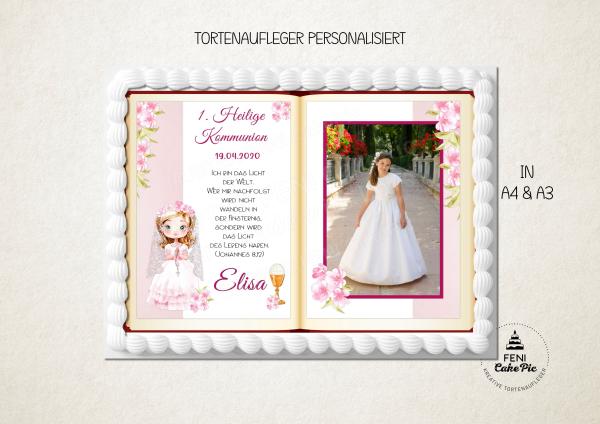 Tortenaufleger zur Kommunion "Rosenkranz Kelch Blüten" personalisiert mit Text in Rosa mit Foto eckig Buchform