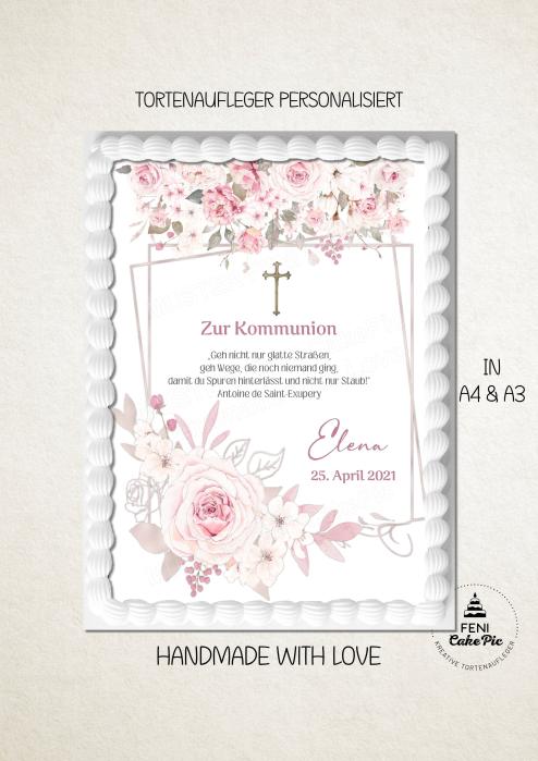 Tortenaufleger zur Kommunion "Kreuz & Blüten" personalisiert mit Text in Rosa eckig Buchform