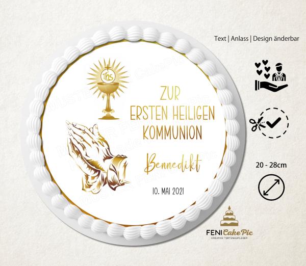 Tortenaufleger Kommunion Goldene Hände & Kelch personalisiert mit Wunschtext