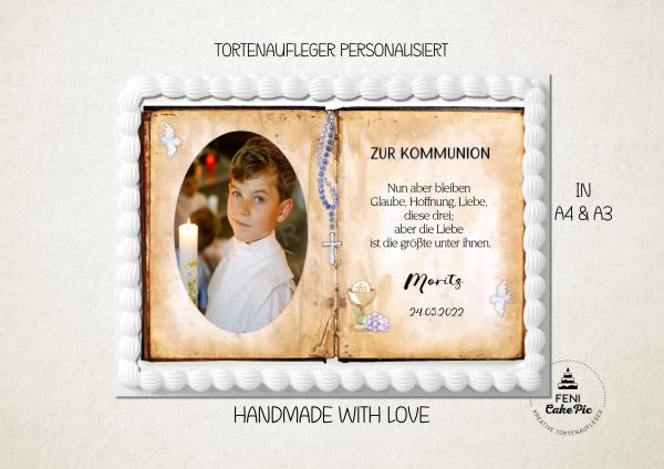 Tortenaufleger zur Kommunion "Taube & Rosenkranz" mit Text und Foto Buchform in Braun