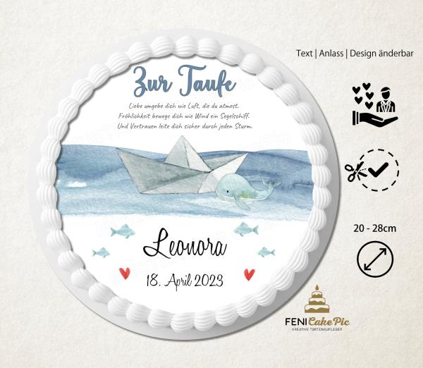Tortenaufleger Taufe Papierschiff Wal Fische & Herzen personalisiert mit Taufspruch