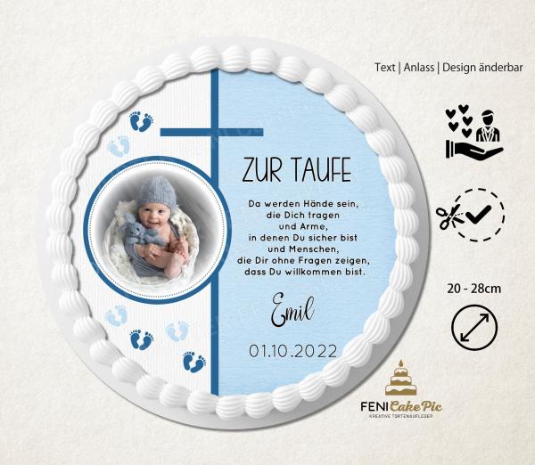 Tortenaufleger Taufe Babyfüßen & Kreuz im Blauton dezent gestaltet & personalisiert