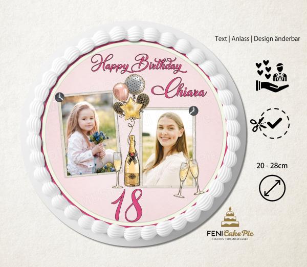 Tortenaufleger zum Geburtstag "Sektflasche & Luftballons" in Rosa mit 2 Fotos & einem Wunschtext