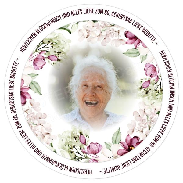 Tortenaufleger zum Geburtstag "Blumenrand & Blüten" mit Foto und einem Wunschtext