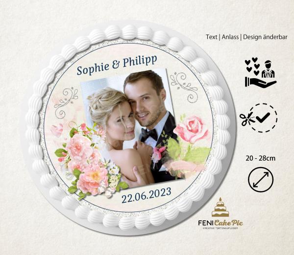 Tortenaufleger Hochzeit Rosen, Foto, Wunschnamen & Datum personalisiert