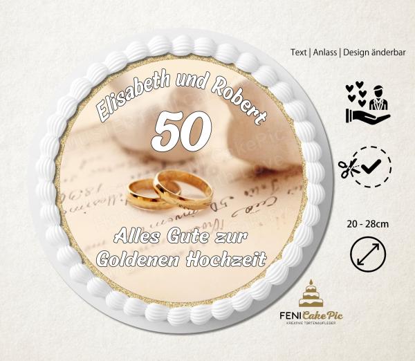 Tortenaufleger zur Hochzeit "goldene Ringe" mit einem Wunschtext