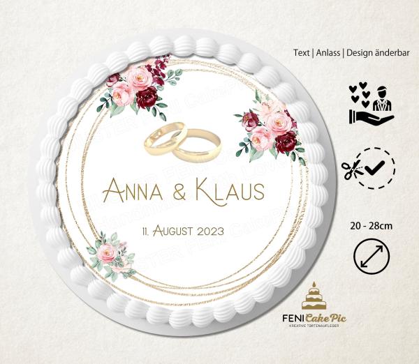 Tortenaufleger Hochzeit Blumen & Goldene Ringe personalisiert