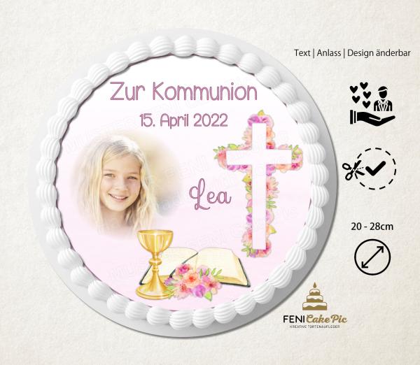 Tortenaufleger Kommunion Blütenkreuz goldener Kelch personalisiert